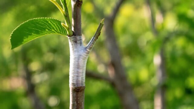 Young tree branch with grafting tape and fresh green leaves  