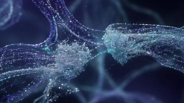 Particle DNA helix in luminous blue and teal tones on a dark background, symbolizing genetics, science, and innovation