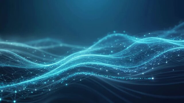 Glowing blue flowing waves with connected points in digital style on a dark background, symbolizing data flow and innovation