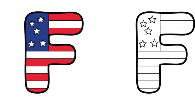 Letter F in American flag pattern with colored and black and white coloring page outline vector illustration for USA Independence Day and kids education