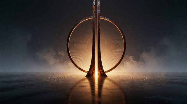 Abstract Sci-Fi Portal with Glowing Gold Ring and Pillars