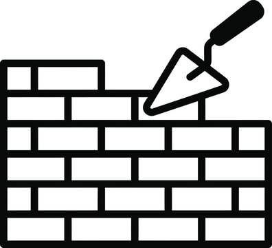 A simple black and white line icon showing a brick wall being built with a metal construction trowel tool