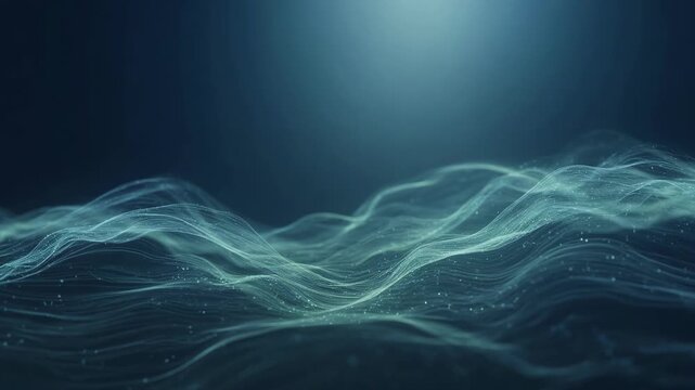 Teal flowing wave lines in an abstract style on a dark blue background, suggesting data movement, energy, and fluidity