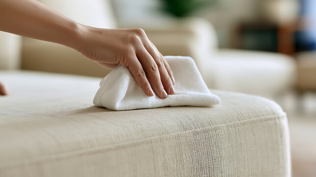 Close-up view of a person hand wipe and clean beige sofa fabric surface with white microfiber cloth in a modern living room interior