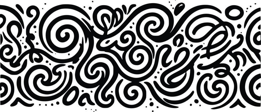 Decorative vector art background featuring flowing hand drawn black swirls and creative abstract lines crafted as a seamless border pattern for modern digital print design projects.