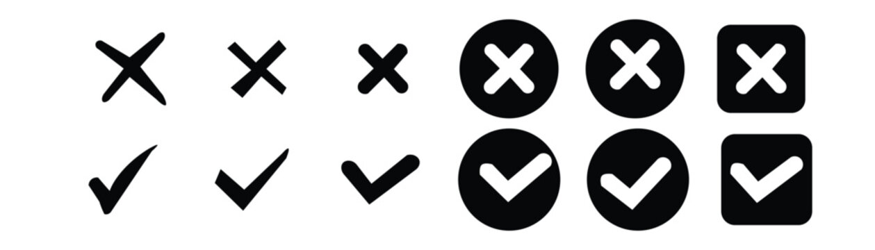Check mark and cross mark icon set for approved rejected choice vote decision website user interface design vector illustration
