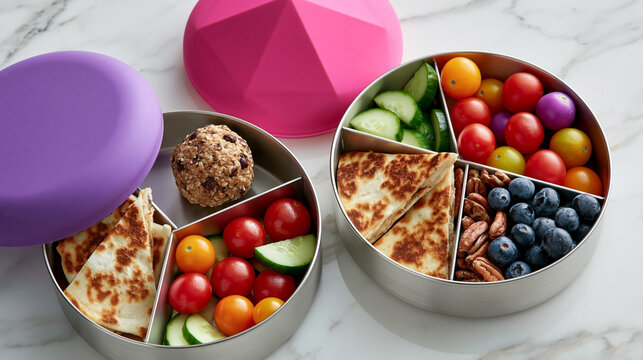 Colorful lunchbox with two compartments filled with fresh vegetables, fruits, and snacks, featuring a purple lid and a variety of healthy food items arranged neatly