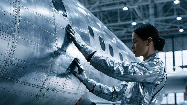 Asian female aerospace technician in silver coveralls inspects aircraft fuselage in a well-lit hangar, showcasing detailed metal surface and rivets
