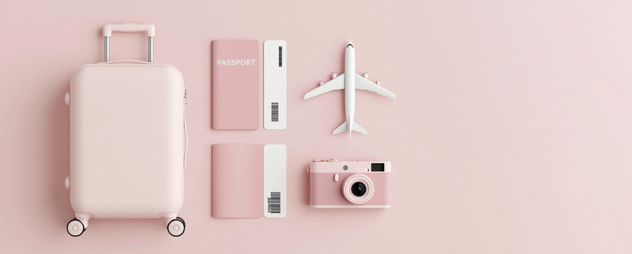 Pink travel accessories including a suitcase, passport, airplane model, and camera arranged on a pastel pink background for travel-themed design or marketing purposes