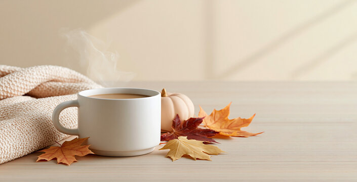 White ceramic cup of steaming coffee placed on a wooden table with autumn leaves and a small pumpkin, accompanied by a knitted blanket in a cozy setting
