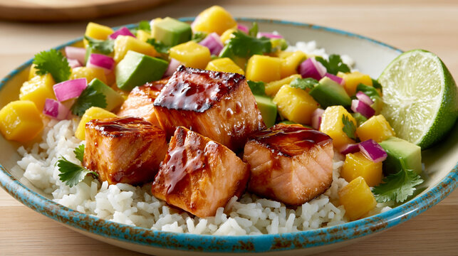 Grilled salmon fillets served on a bed of white rice with fresh mango, avocado, red onion, and lime wedges in a colorful bowl on a wooden table