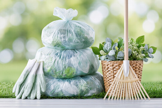 Three green garbage bags stacked beside a wicker basket filled with plants and a wooden rake on a grassy surface with a blurred natural background