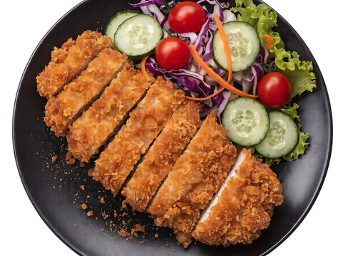 Crispy breaded pork cutlet tonkatsu served on a black plate with fresh sliced cucumber, cherry tomatoes, purple cabbage, and green lettuce salad isolated on a transparent background