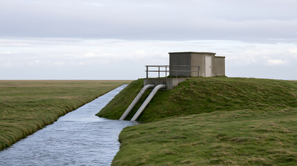 Fototapeta premium Industrial water pump station and drainage canal in a vast flat green meadow landscape under a cloudy sky with concrete utility structure