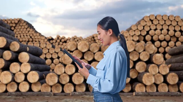 Side View Of Asian Female With Her Tablet with Stacked Timber Logs Pile at Lumber Yard, Checking On Her Tablet With Meditation