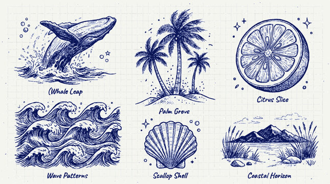 Coastal nature elements collection featuring hand drawn sketches of marine life tropical flora with paper with paper
