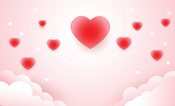 Hanging Red Hearts Valentine Background with Clouds, Romantic Love Banner Vector Illustration