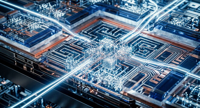 AI-designed semiconductor cutaway with transistor lattice, photonic waveguides, neural interconnects, and glowing silicon layers
