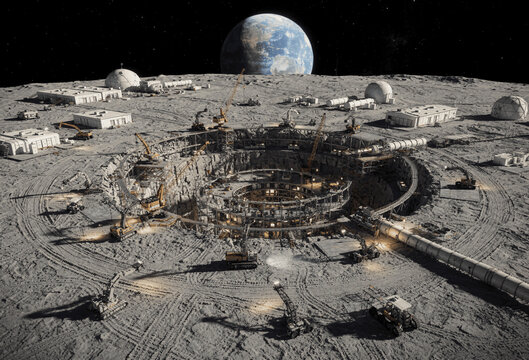 Concept Art: Lunar Regolith Excavation and Pressurized Outpost with Cranes and Support Vehicles