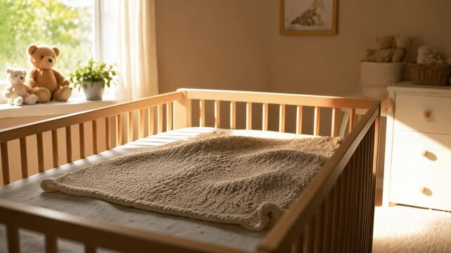 Cozy wooden crib with a soft blanket in a warm nursery  