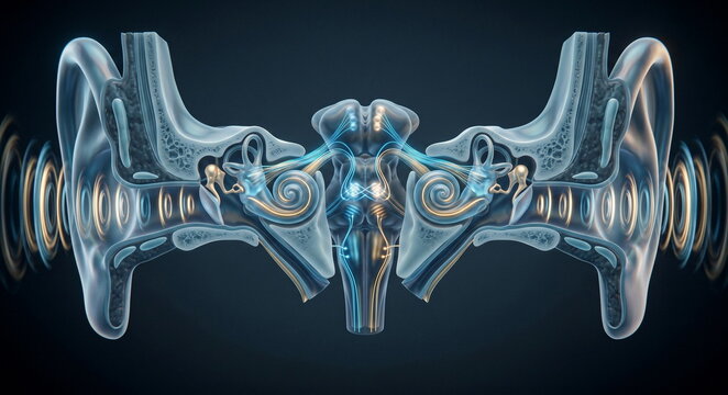 Ear and auditory brainstem cutaway showing cochlear spirals, vestibular fluid ripples, and timing-based sound localization.