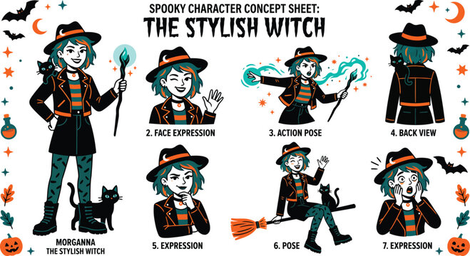 A delightful halloween witch character reference sheet featuring a variety of poses and magical accessories for creative design work