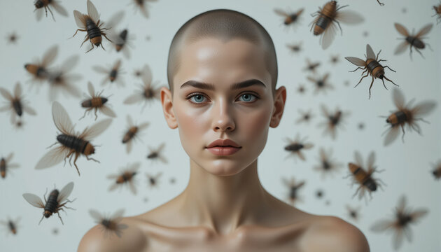 A woman with a shaved head surrounded by white beetles. Fashion concept. 
