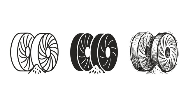 Traditional millstones grinding wheat into flour, presented in outline, silhouette, and detailed sketch styles, depicting an ancient grain processing method.