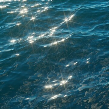 Clear turquoise ocean wave pattern with bright star burst light reflections, Sparkling ocean water surface with brilliant sunlight flares and ripples 3D render cgi
