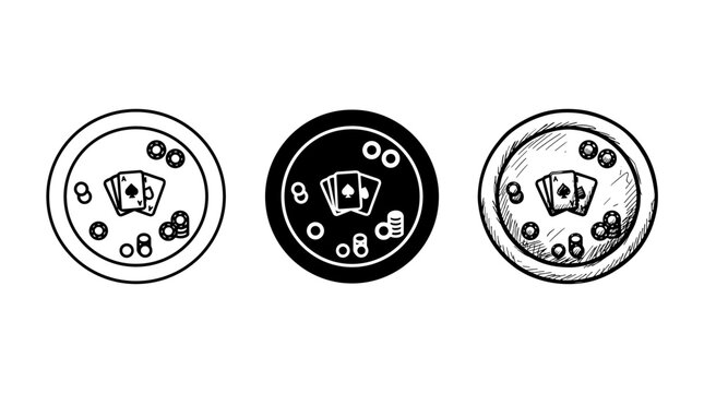 Poker table icons with cards and chips in line art, silhouette, and sketch styles