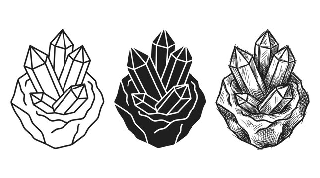 Ruby Crystals in Mineral Matrix in Outline, Solid, and Sketch Styles