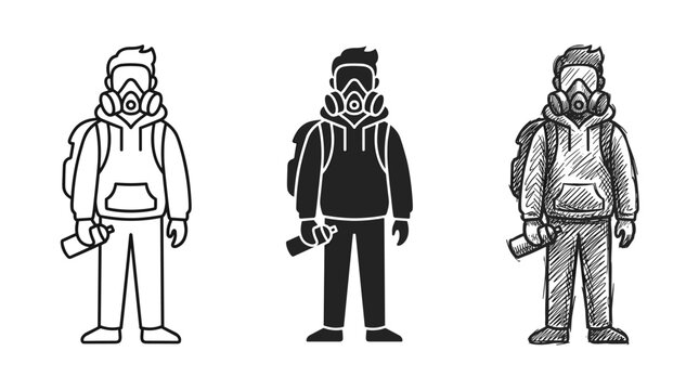Street artist wearing a respirator mask, holding a spray can, with a backpack, in outline, solid, and sketch styles.