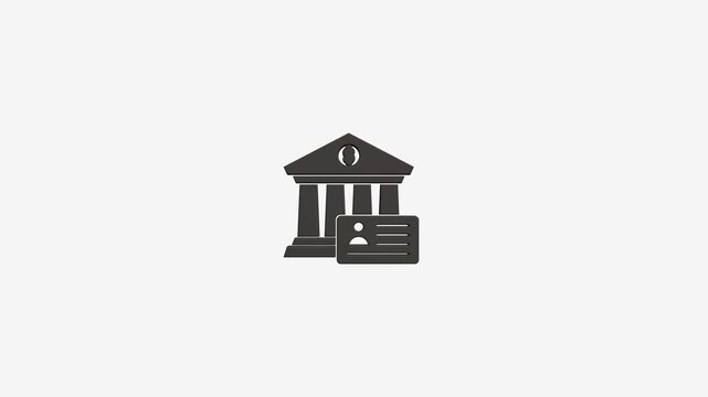 Minimalist bank icon animation showing identity card sign over classic building graphic on light background.