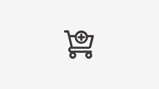 Minimalist shopping cart icon animation featuring a plus symbol in the center on plain gray background.