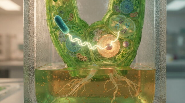 Plant cell transformation with agrobacterium dna transfer, glowing t dna entering the nucleus, dividing meristem cells, and roots in sterile gel