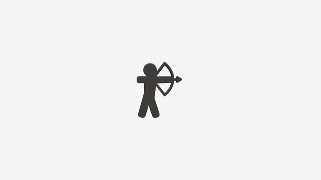 Minimalist archer pictogram animation showing bowman character aiming arrow isolated on clean white studio background.