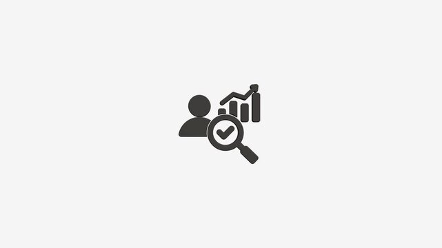 Business analyst icon with magnifying glass and bar chart graphic animation loop on clean white background motion clip.