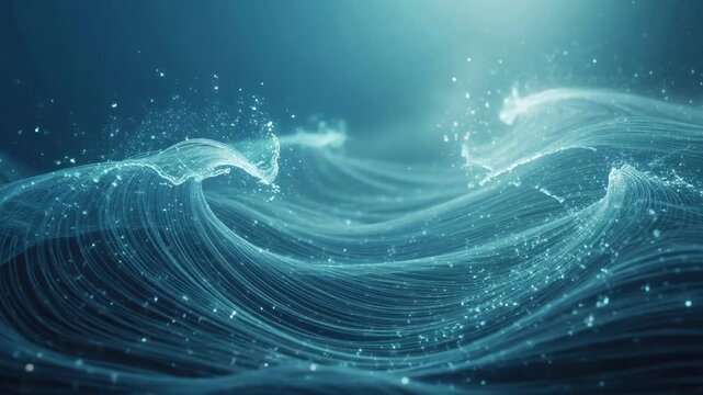 Luminous turquoise waves with sparkling currents in a dark blue abstract background, evoking energy, motion, and fluidity
