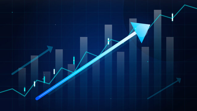 Abstract financial growth chart with rising blue bars and a large upward arrow representing market success