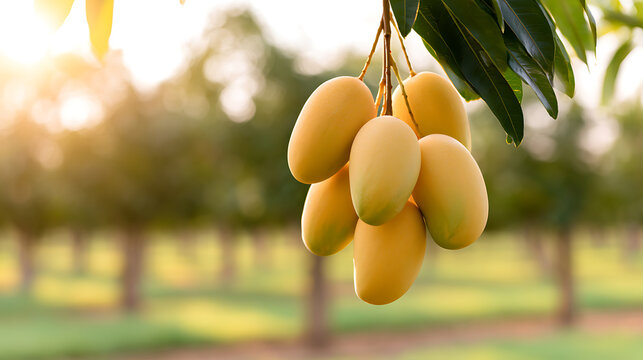 Ripe mango fruit, Mangifera indica, hanging on tree branch in orchard during sunny day with warm glow light illuminating agricultural plantation