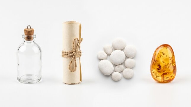 Glass bottle parchment scroll white stones and amber stone arranged on a white background with displays glass message ancient rocks paper with cork