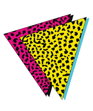Retro 80s geometric triangles with leopard skin pattern vector illustration