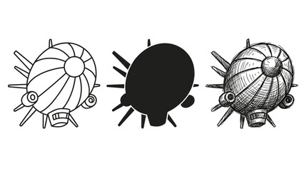 Three stylized dirigible icons viewed from above, depicted in outline, solid silhouette, and hand-drawn sketch art styles © BestFren