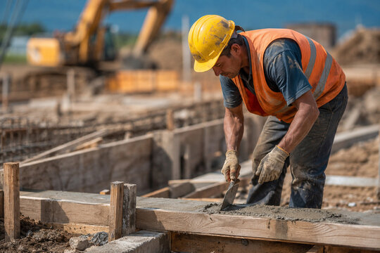 Construction worker in a hard hat and orange reflective vest using a hand trowel to finish fresh concrete inside wooden formwork at a foundation job site.