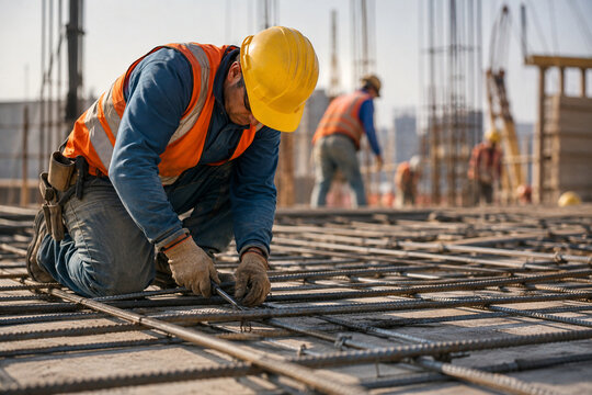 Construction worker kneeling on a dense reinforcing steel grid and tying rebar by hand while a crew works in the blurred background of a concrete building project.