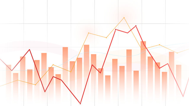 Financial market charts with red bar graphs and multiple line trends on a grid background