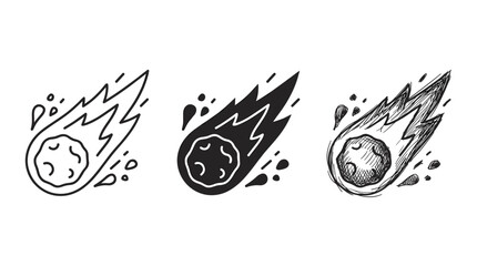 Three flaming meteorite or meteor icons with fire and debris © BestFren