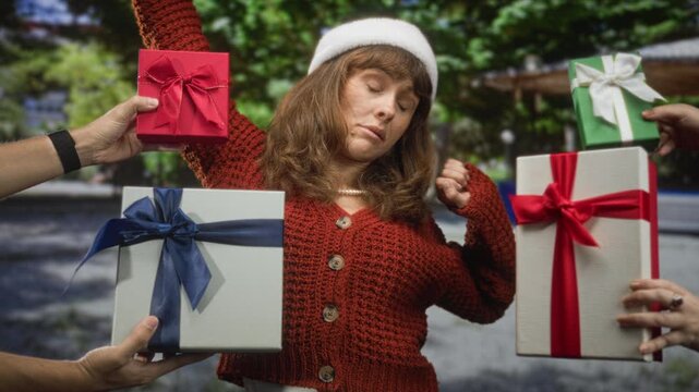 Woman in a santa hat presses hands to chest while several people offer wrapped presents in a forest setting; holiday surprise.
