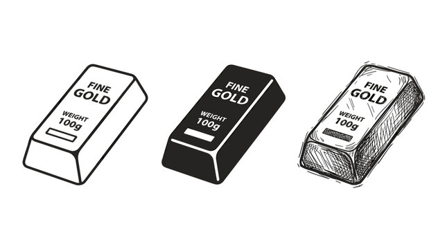Three gold bars labeled "FINE GOLD WEIGHT 100g", in outline, solid silhouette, and hand-drawn sketch styles.