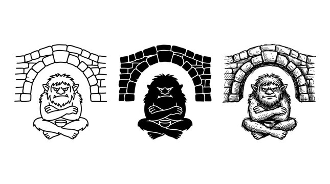 Three grumpy bridge trolls sitting under stone arches in outline, solid silhouette, and hand-drawn sketch styles